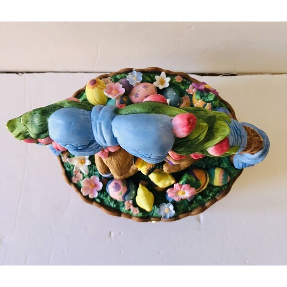 Porcelain Bunny In A Easter Egg Basket Rabbit Chickens Eggs, Flowers 9" Tall - Picture 5 of 12